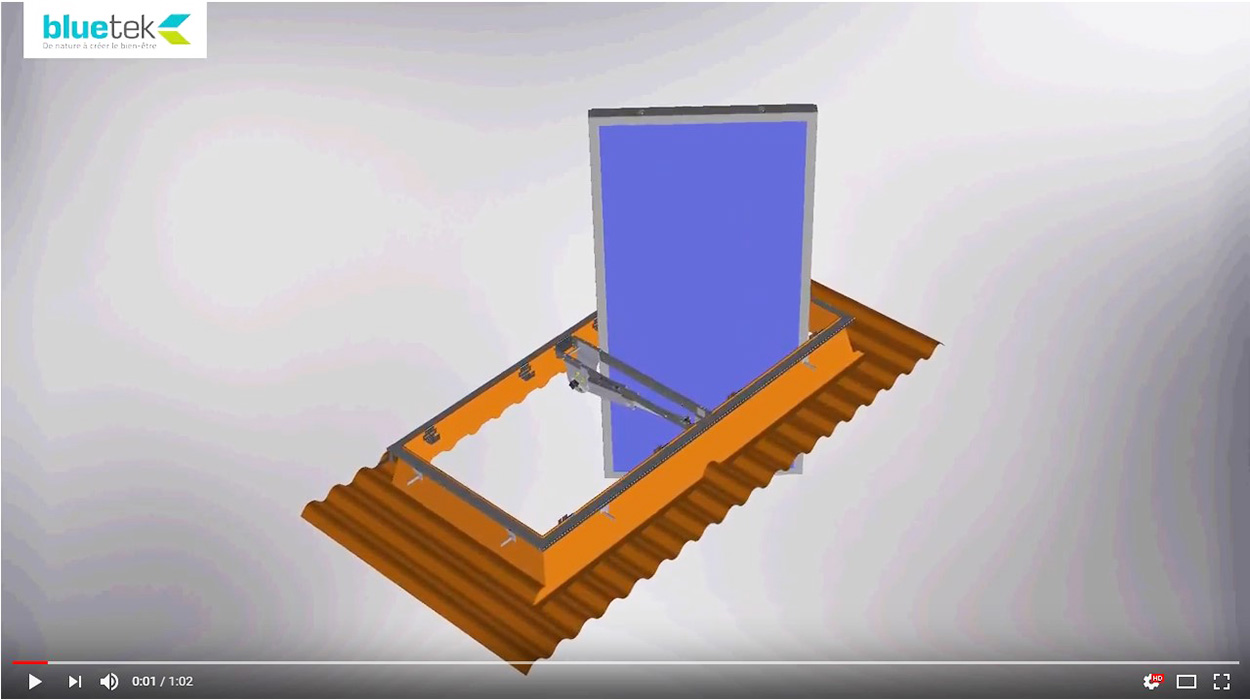 Animation 3D Inventor exutoire de désenfumage DENFC Bluebac Pneu Réno toiture fibro