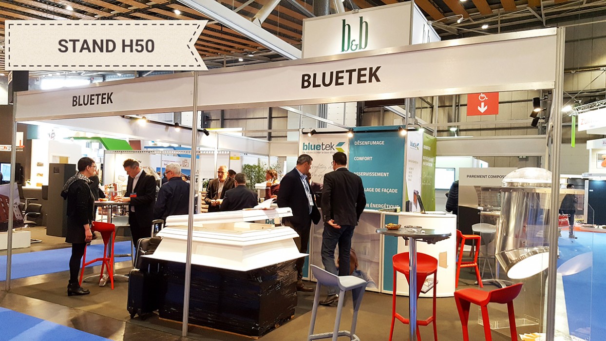 Salon Nordbat Lille 2018 avec Bluetek et Browaeys-Brame. Présentation conduit lumière naturelle Lightube, lanterneau Bluebac Therm Inside Air et boîtier adiabatique Adiabox