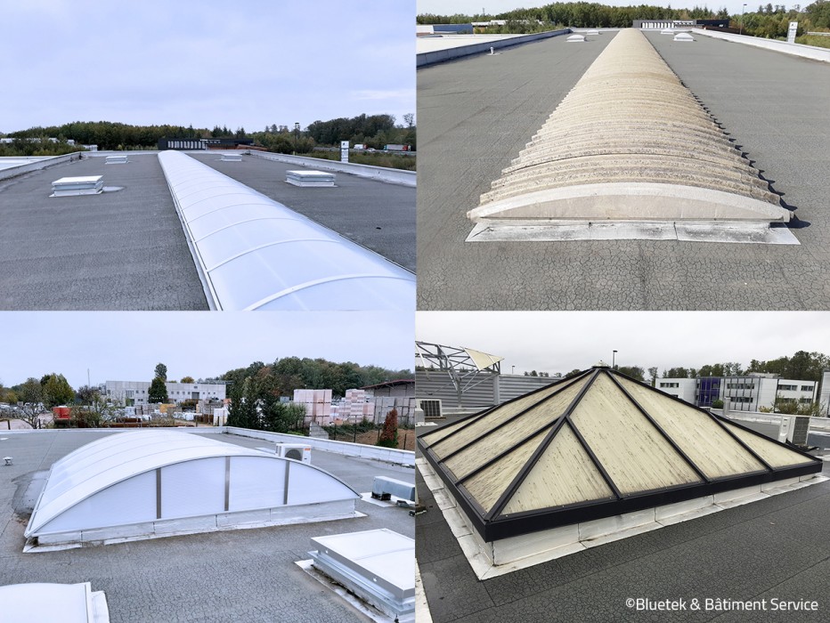 Rénovation d'éléments de toiture avec étanchéité par Bluetek sur le bâtiment SUEZ Eau France : voûte polyester, pyramide et DENFC